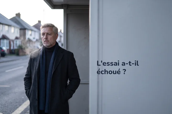 L'essai a-t-il échoué ? — un homme de quarante ans attend seul à un arrêt de bus dans la lumière froide du matin