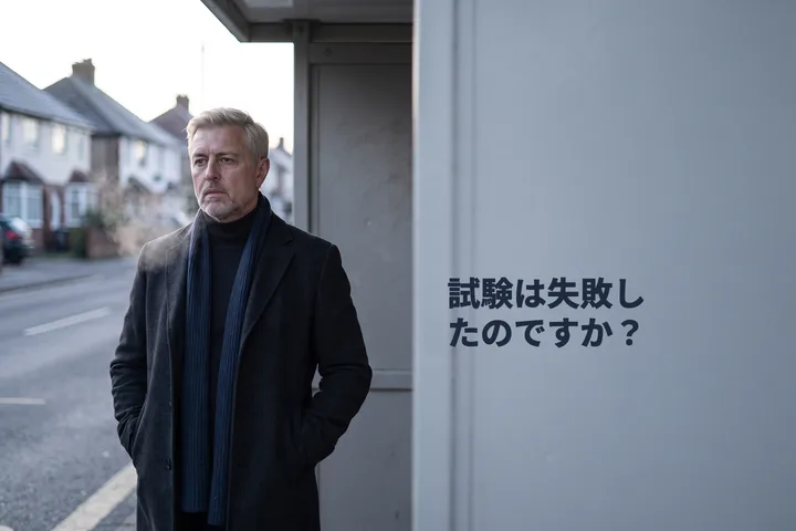 試験は失敗したのですか? — 40代の男性が冷たい朝の光の中、一人でバス停で待っている
