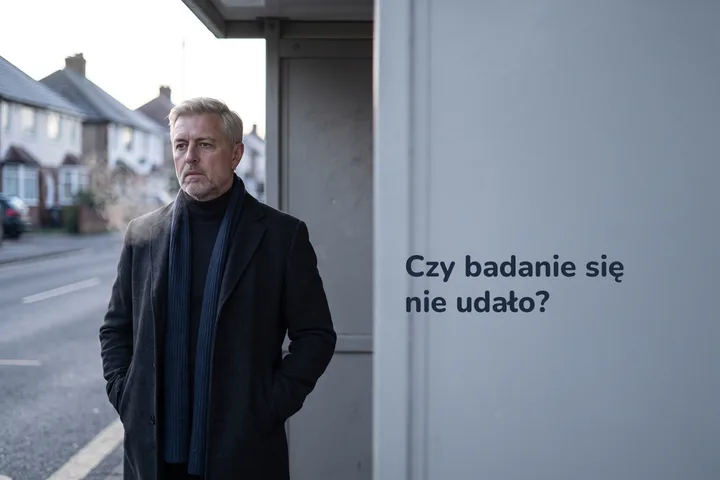 Czy badanie się nie udało? — mężczyzna po czterdziestce czeka sam na przystanku wczesnym chłodnym rankiem