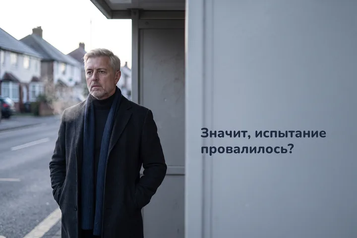 Значит, испытание провалилось? — мужчина за сорок ждёт автобус один в холодном утреннем свете