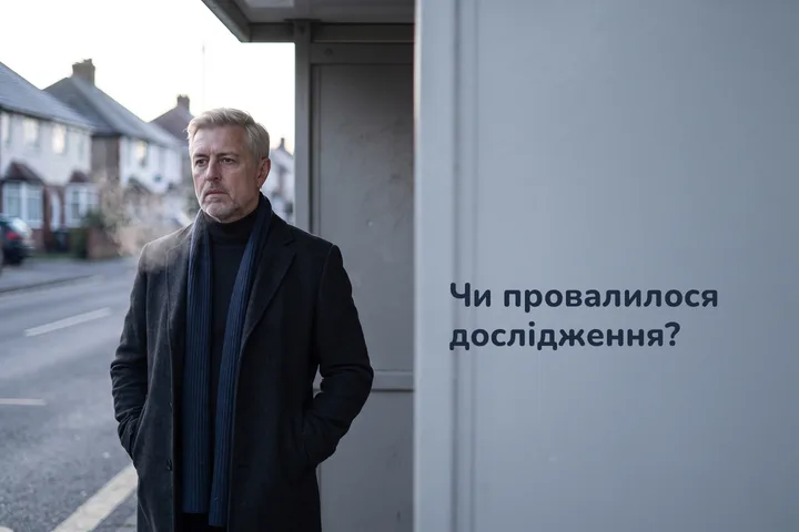 Чи провалилося дослідження? — чоловік за сорок чекає сам на автобусній зупинці в холодному ранковому світлі