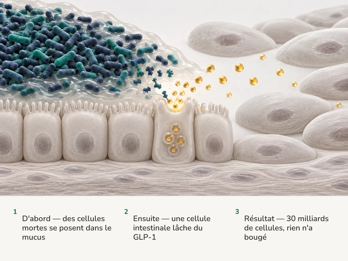 Illustration : une dérive dense de cellules ovales d'Akkermansia tuées par la chaleur dans le mucus intestinal ; une cellule hormonale de la muqueuse libère une bouffée dorée tandis que le tissu au-delà reste inchangé