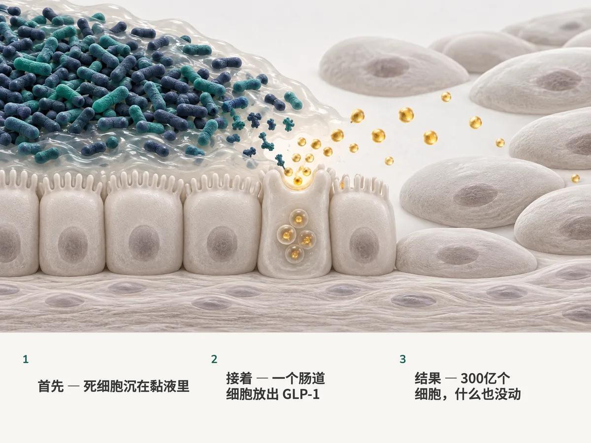 插画：密集漂浮的热灭活椭圆形阿克曼菌堆在肠道黏液里；肠壁上一个激素细胞放出一束金光，而更远处的组织毫无变化