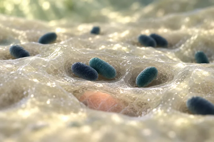 Illustration: whole, still oval Akkermansia cells lying in grazed hollows of gut mucus, a coral glint of lining beneath