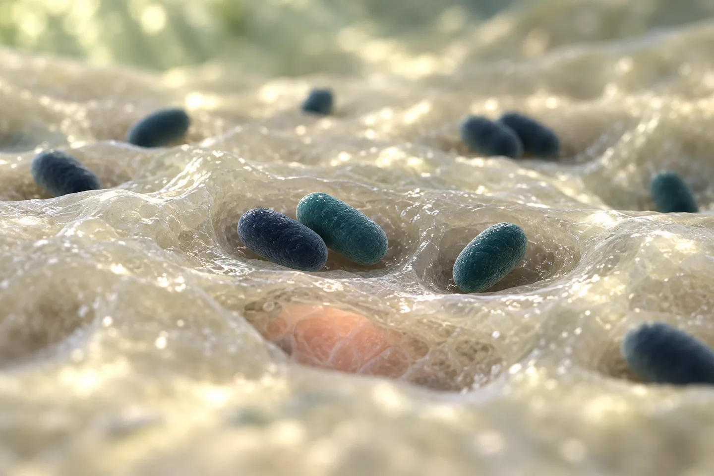 Illustration: whole, still oval Akkermansia cells lying in grazed hollows of gut mucus, a coral glint of lining beneath