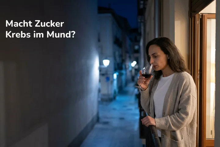Macht Zucker Krebs im Mund? — eine Frau spätabends auf ihrem Balkon, kauend, ein Glas Wein in der Hand