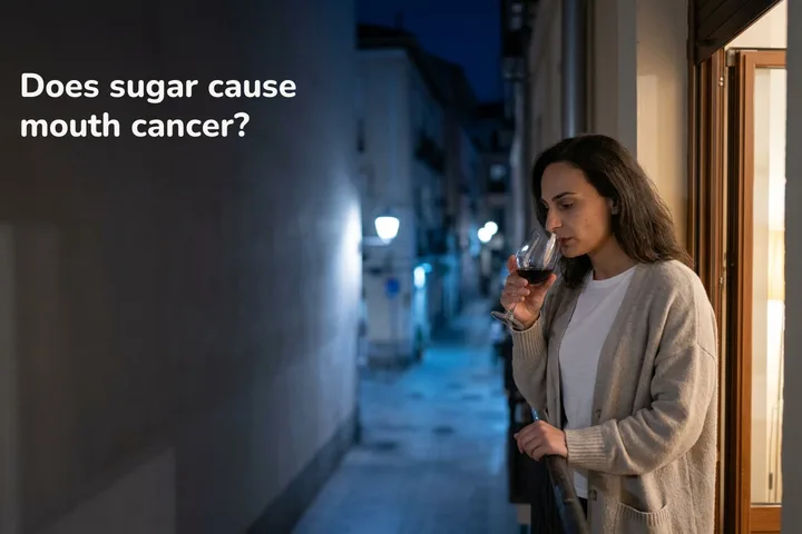 Does sugar cause mouth cancer? — a woman on her balcony late at night, chewing, a glass of wine in her hand