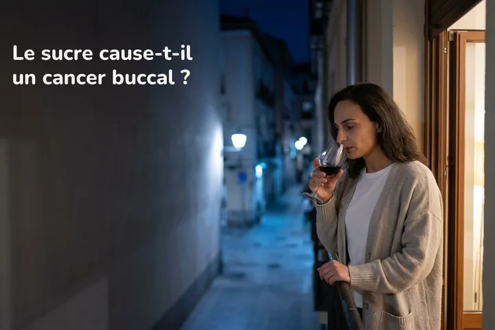 Le sucre cause-t-il un cancer buccal ? — une femme mâche sur son balcon tard le soir, un verre de vin à la main