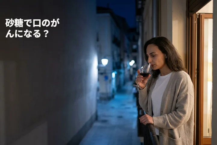 砂糖で口のがんになる？ — 深夜、女性がバルコニーでワイングラスを手に、何かを噛んでいる