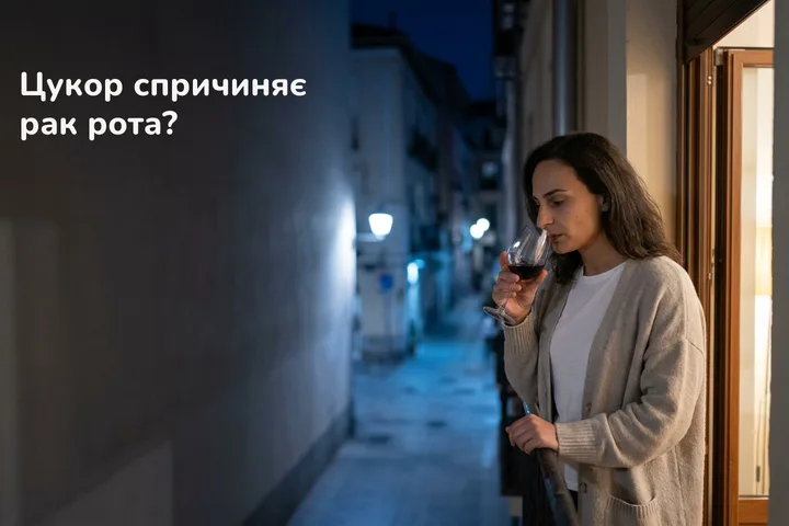 Цукор спричиняє рак рота? — жінка пізно вночі на балконі, жує, у руці келих вина