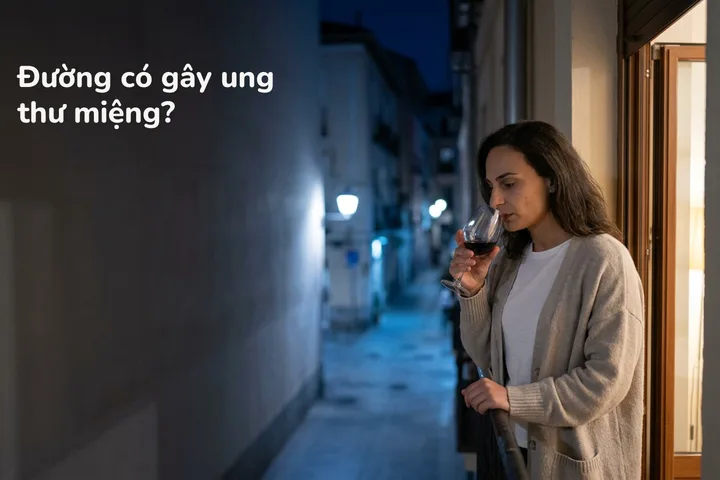 Đường có gây ung thư miệng? — một phụ nữ trên ban công lúc đêm khuya, đang nhai, tay cầm ly rượu vang