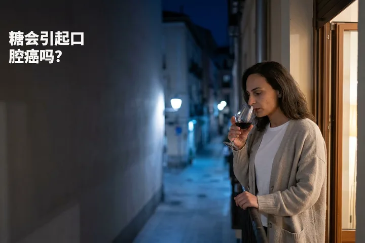 糖会引起口腔癌吗? — 一位女性深夜在自家阳台上嚼着东西,手里端着一杯葡萄酒