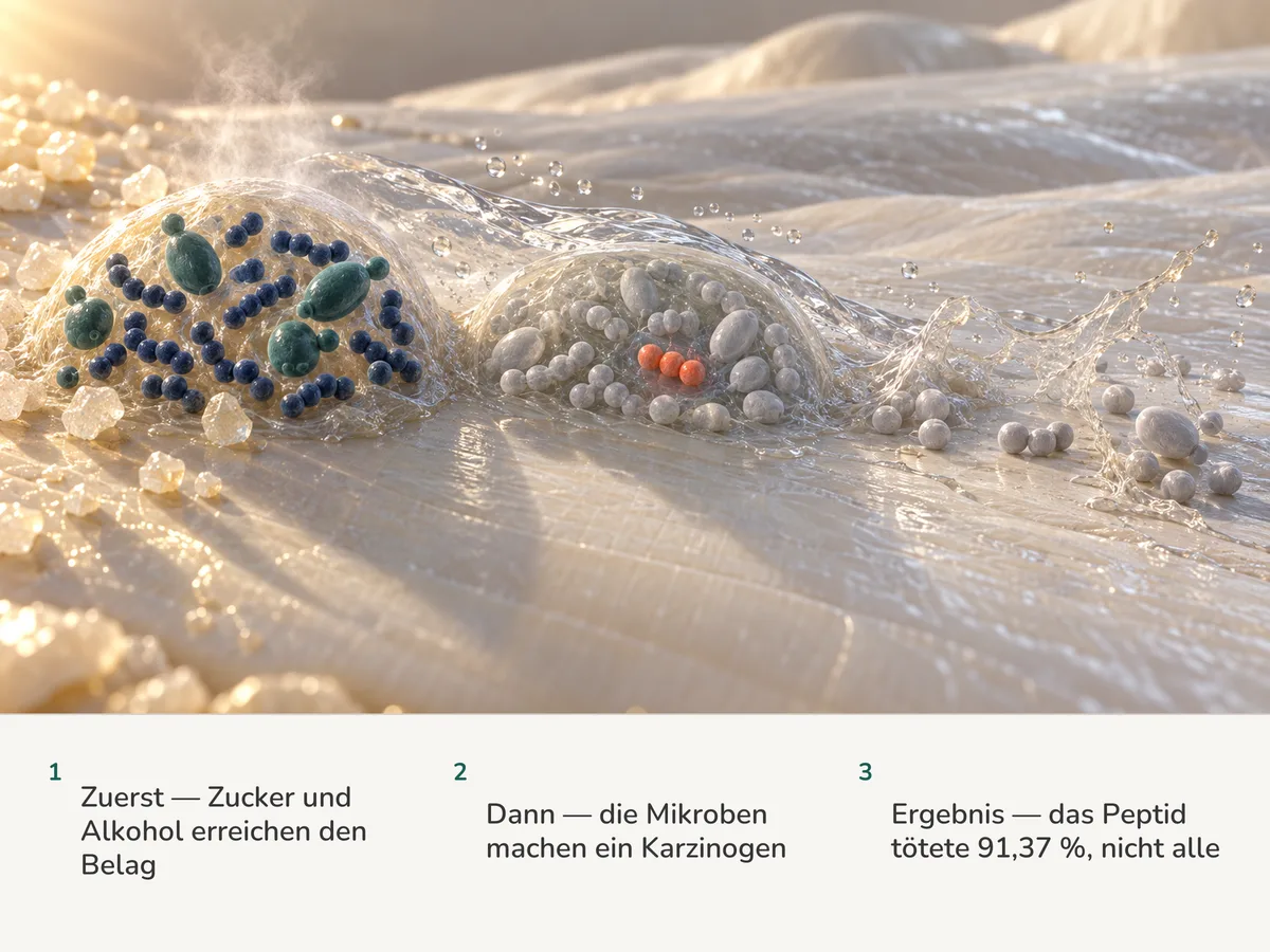 Illustration: Mikroben in einer Belagshülle auf dem Zahnschmelz geben Acetaldehyd ab; ein Peptid legt die meisten still, drei geschützte Zellen überleben, bis Enzyme die Hülle auflösen