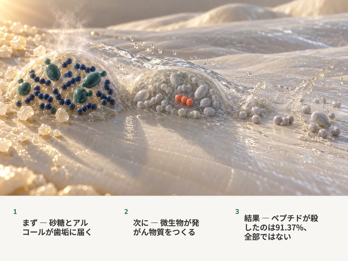 イラスト：エナメル質の上の歯垢の殻の中で微生物がアセトアルデヒドを放つ。ペプチドがその大半を静めるが、守られた3個の細胞は酵素が殻を溶かすまで生き残る
