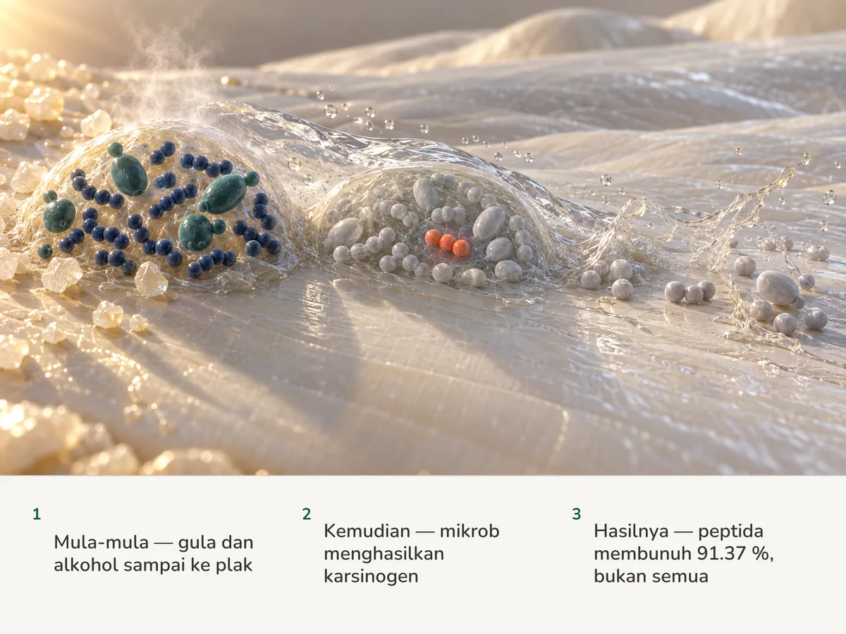 Ilustrasi: mikrob dalam cengkerang plak pada enamel melepaskan asetaldehid; satu peptida mendiamkan kebanyakannya, tiga sel yang berlindung terus hidup sehingga enzim melarutkan cengkerang itu
