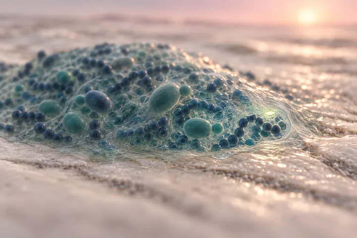 Illustration: chains of round bacteria and budding yeast held in a sticky film over pale enamel, one thinned spot lit lime