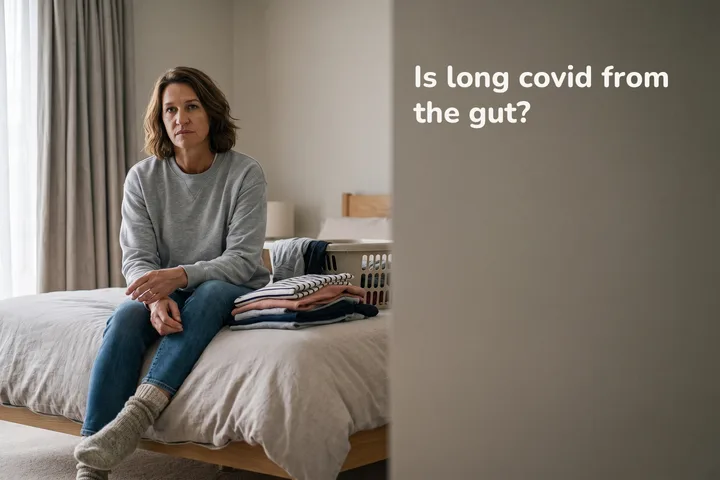 Is long covid from the gut? — a woman stops halfway through the laundry and sits on the edge of the bed