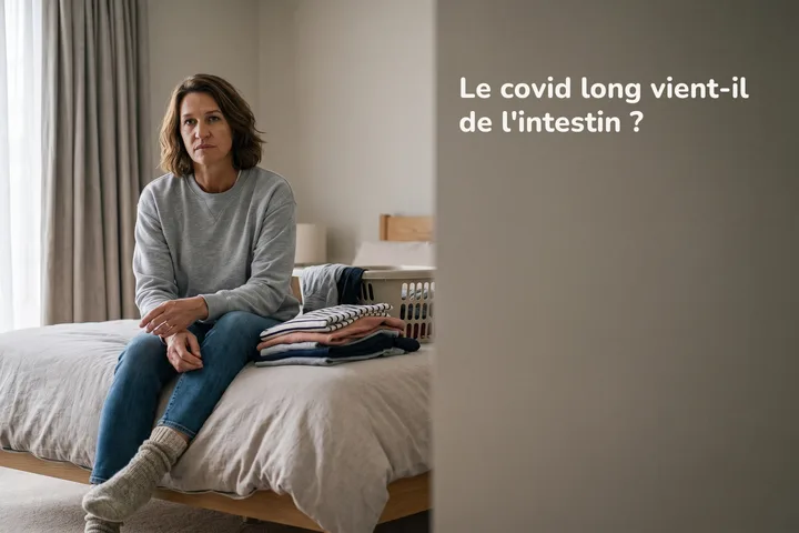 Le covid long vient-il de l'intestin ? — une femme interrompt sa lessive et s'assoit au bord du lit