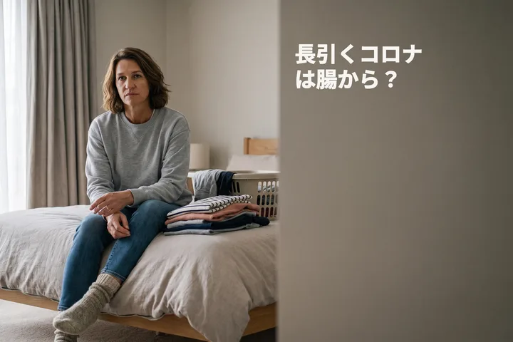 長引くコロナは腸から? — 洗濯の途中で手を止めた女性が、ベッドの端に腰を下ろしている