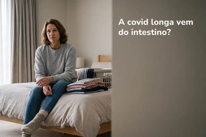A covid longa vem do intestino? — uma mulher para no meio da roupa lavada e senta na beira da cama