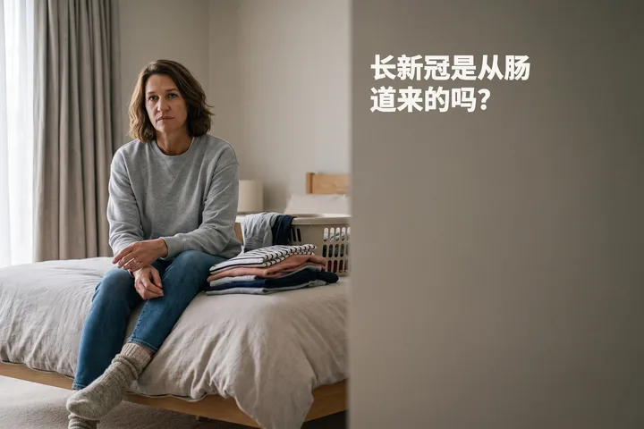 长新冠是从肠道来的吗? — 一位女性洗衣洗到一半停下来,坐在床沿上