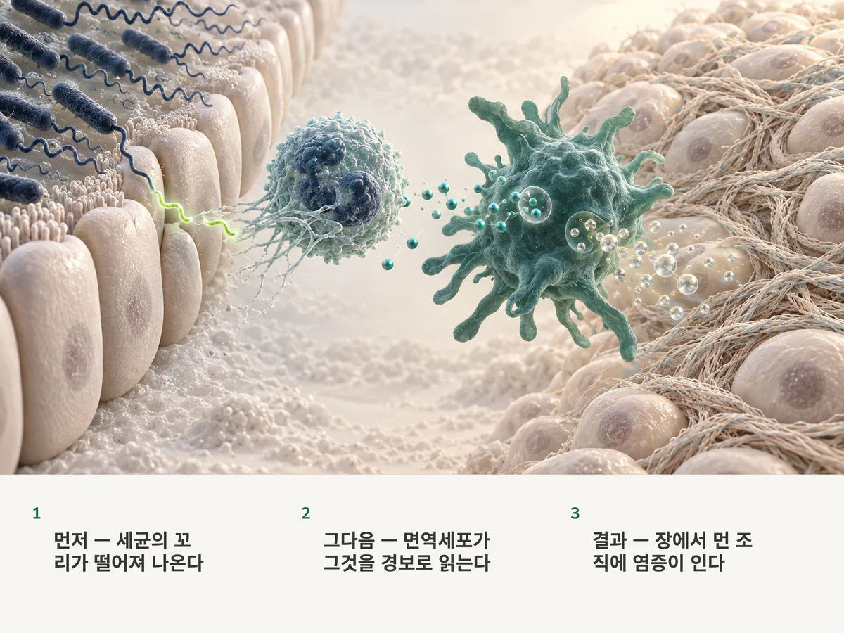 일러스트: 떨어져 나온 세균 꼬리 조각이 장을 빠져나가고, 호중구가 그물을 던지며 대식세포에 신호를 보내고, 멀리 떨어진 조직이 섬유로 두꺼워진다