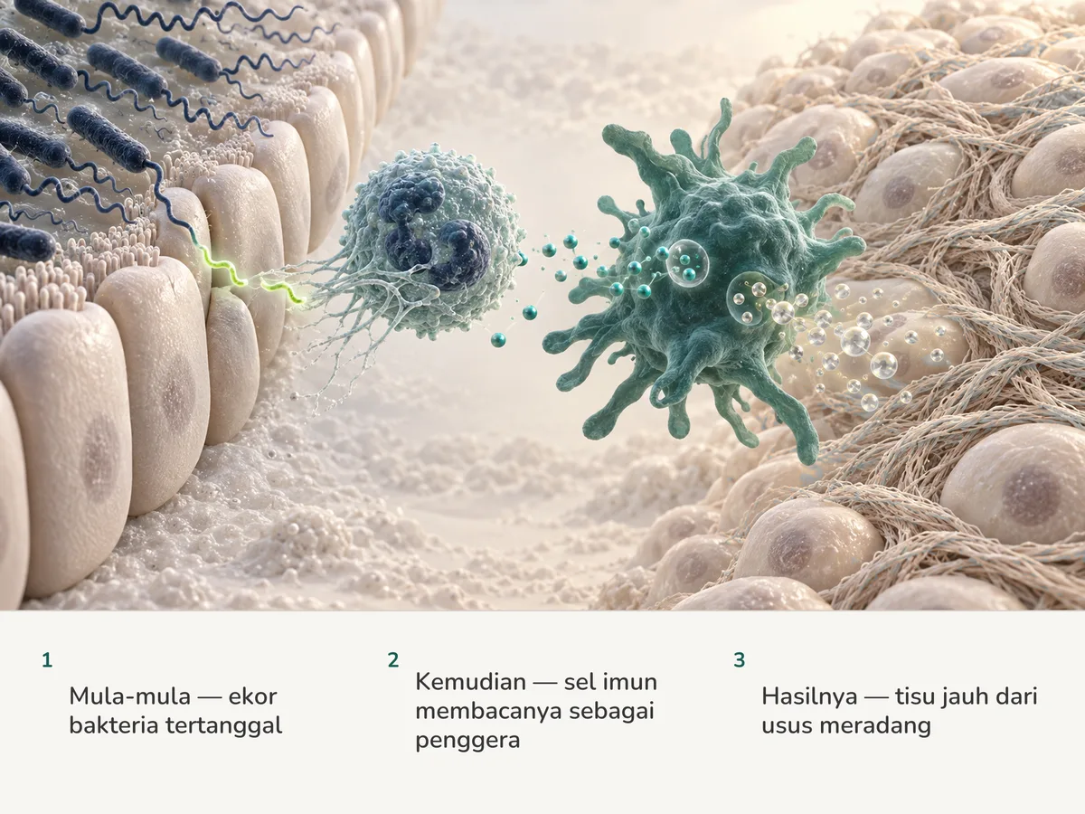 Ilustrasi: serpihan ekor bakteria yang tertanggal meninggalkan usus, satu neutrofil melontar jaring dan memberi isyarat kepada makrofaj, dan tisu yang jauh menebal dengan gentian