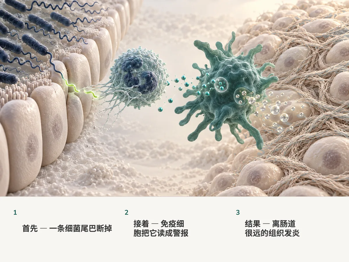 插画:一段脱落的细菌尾巴离开肠道,一个中性粒细胞撒出网并向巨噬细胞发出信号,而远处的组织被纤维一层层增厚