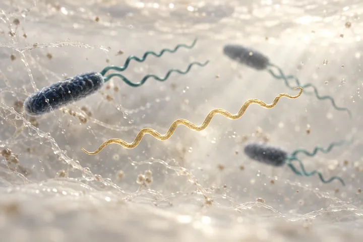 Illustration: slender gut bacteria with long corkscrew tails in drifting mucus, one shed tail adrift in a patch of gold light