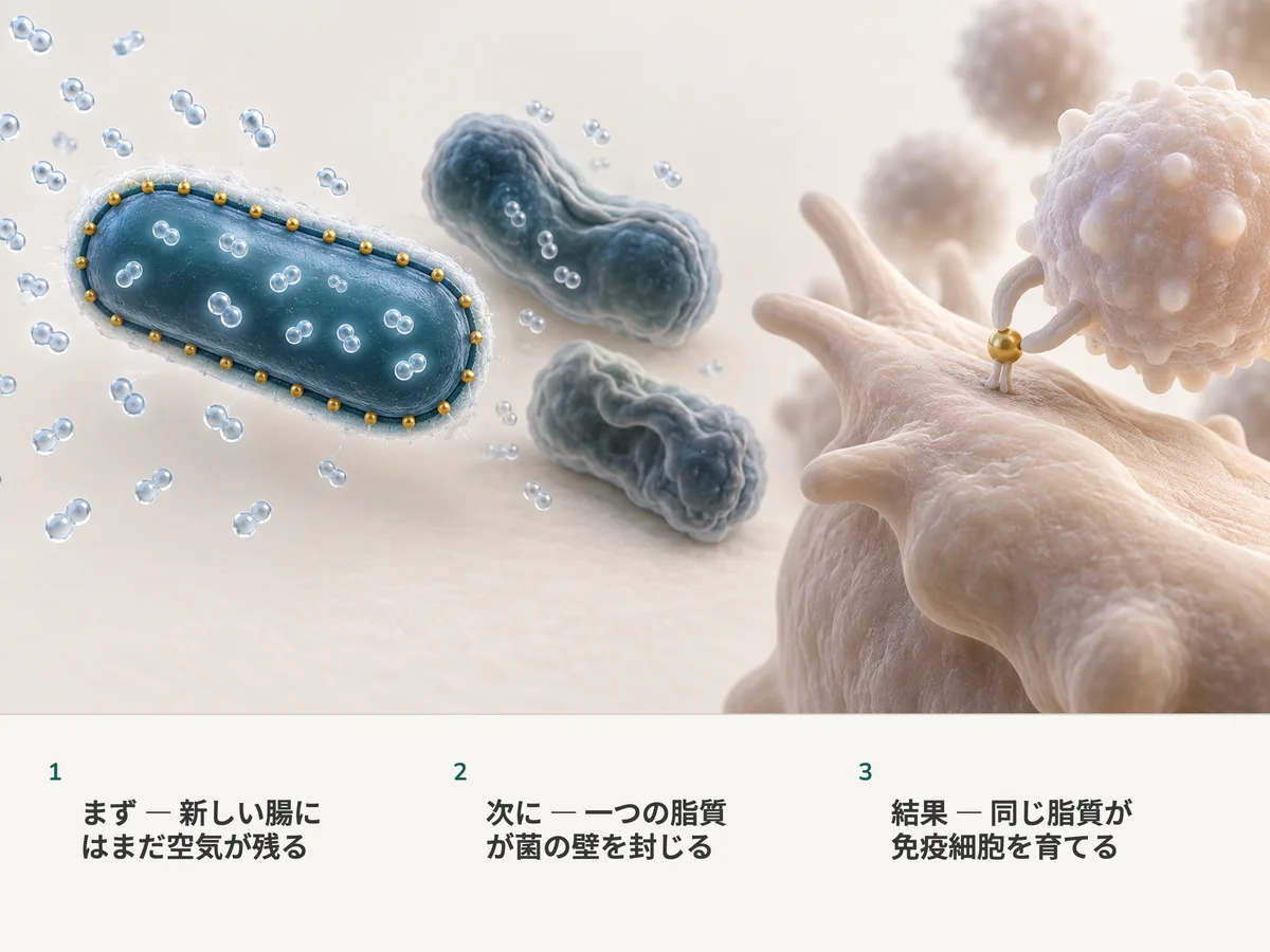 イラスト:空気の粒が漂って通り過ぎるあいだ、短い桿菌が封じられた膜の縁を保ち、その同じ膜の脂質が、それを読んで育つ若い免疫細胞へ手渡される
