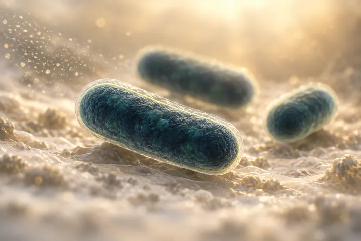 Illustration: short rods of Bacteroides fragilis backlit on a young gut surface, one sealed membrane rim gleaming lime