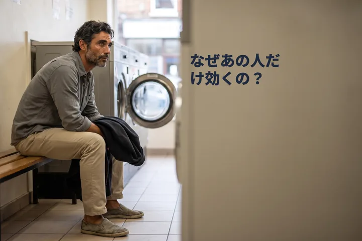 なぜあの人だけ効くの? — 遅い午前の平らな光の中、男性がコインランドリーのベンチで待っている