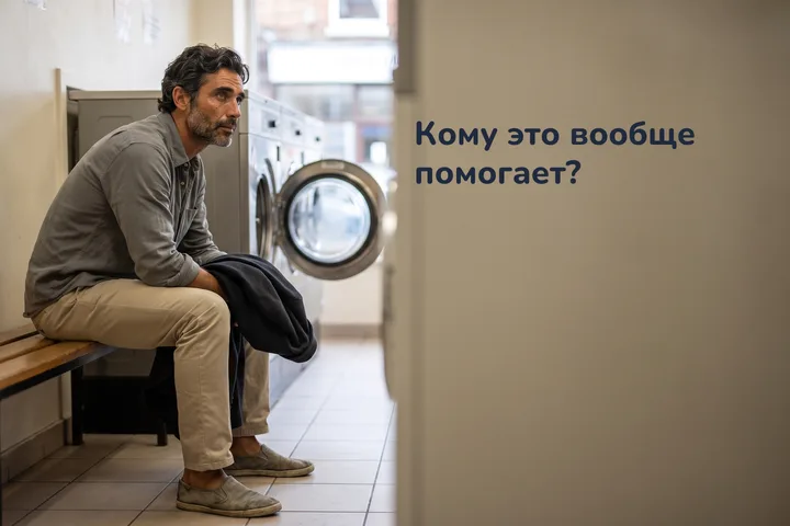 Кому это вообще помогает? — мужчина ждёт стирку на скамейке в прачечной поздним утром