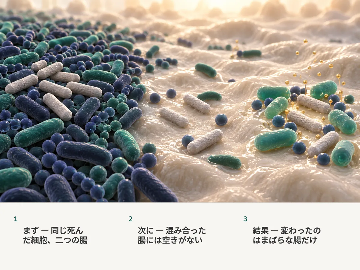 イラスト:同じ死んだ桿菌の細胞が、混み合った腸の集団の上では使われずに横たわり、まばらな集団の空いた隙間には落ち着く。そこでは新しい住人と小さな滴が現れる