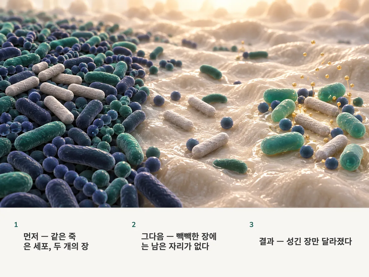 일러스트: 똑같이 죽은 막대 세포들이 빽빽한 장 군집 위에서는 쓰이지 않은 채 놓여 있지만, 성긴 군집의 빈자리에는 내려앉아 그곳에 새 상주자와 작은 방울들이 나타난다