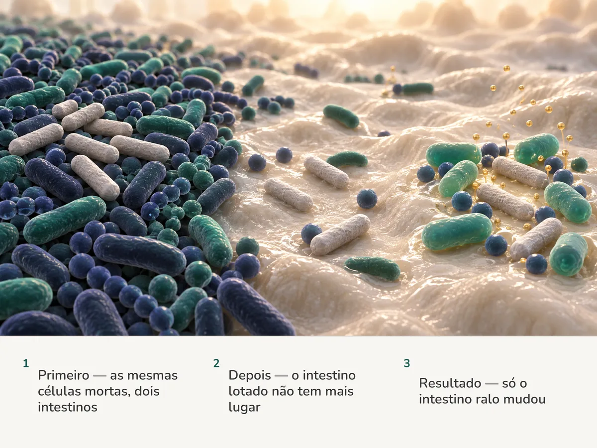 Ilustração: as mesmas células mortas em bastonete ficam sem uso numa comunidade intestinal lotada, mas se acomodam nos vãos abertos de uma rala, onde surgem novos moradores e gotículas pequenas