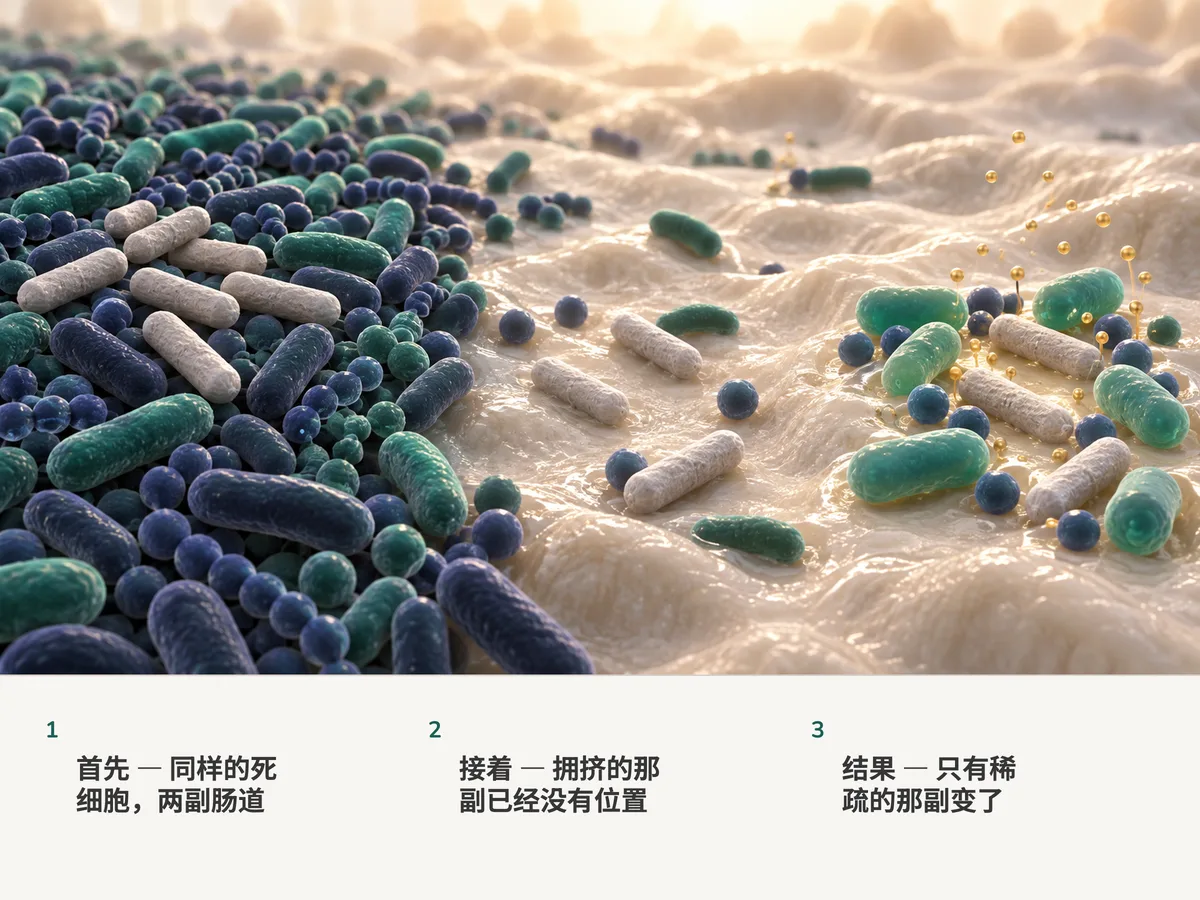 插画：同样的死杆菌细胞在拥挤的肠道群落上无人理会，却在稀疏的那个群落里落进空隙，那里冒出新的住户和细小的液滴