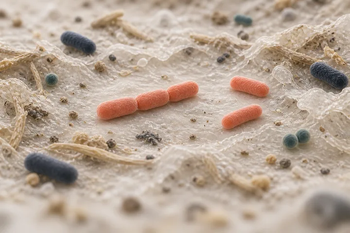 Illustration: a few still, heat-killed rod cells lying in open gaps of a sparse gut community among fibre fragments