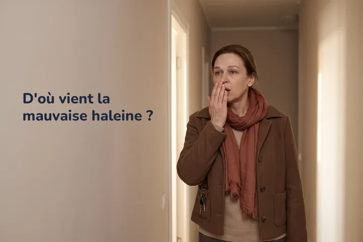 D'où vient la mauvaise haleine ? — une femme devant sa porte souffle dans le creux de sa main
