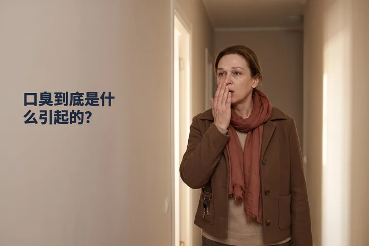 口臭到底是什么引起的？ — 一位女性在自家门口对着拢起的手心呼气