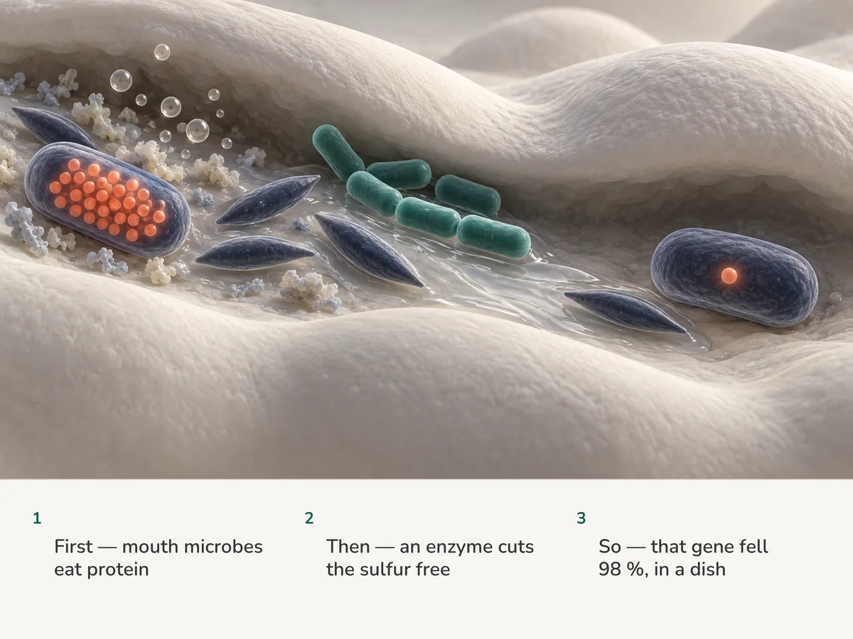Illustration: mouth anaerobes filled with sulfur-cutting enzymes give off tiny bubbles; fluid from lactic-acid bacteria washes over and the enzymes almost vanish