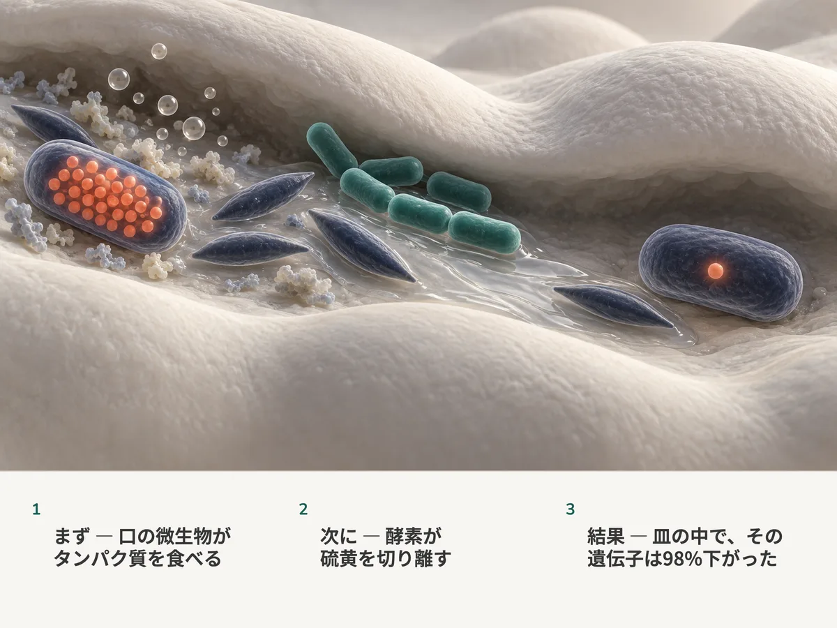 イラスト:硫黄を切り出す酵素で満たされた口の嫌気性菌が小さな泡を放つ。乳酸菌の液が流れてくると、その酵素がほとんど消えていく