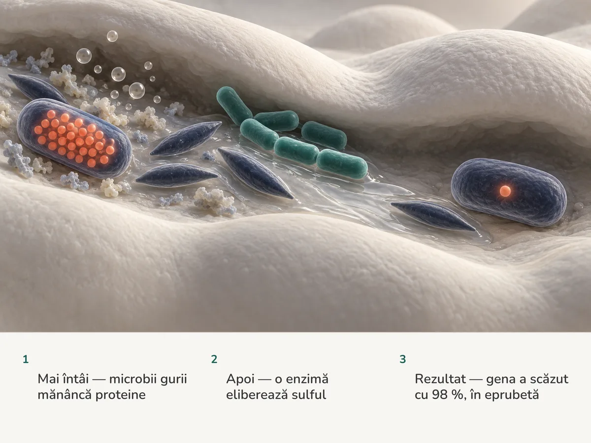 Ilustrație: anaerobi din gură, plini de enzime care taie sulful, degajă bule mici; un lichid de la bacterii lactice trece peste ei, iar enzimele aproape dispar