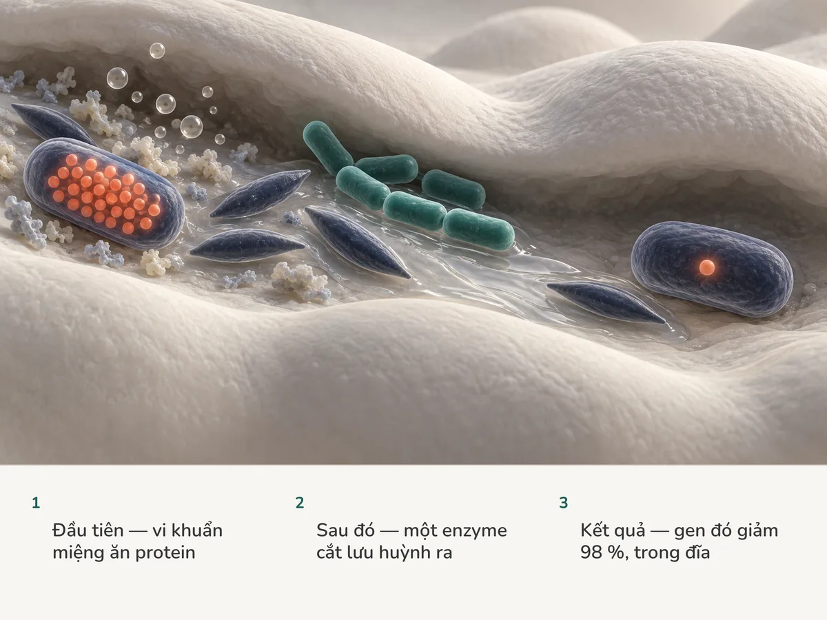 Minh họa: vi khuẩn kỵ khí trong miệng đầy enzyme cắt lưu huỳnh đang nhả ra bọt khí nhỏ; dịch từ vi khuẩn lactic tràn qua và các enzyme gần như biến mất