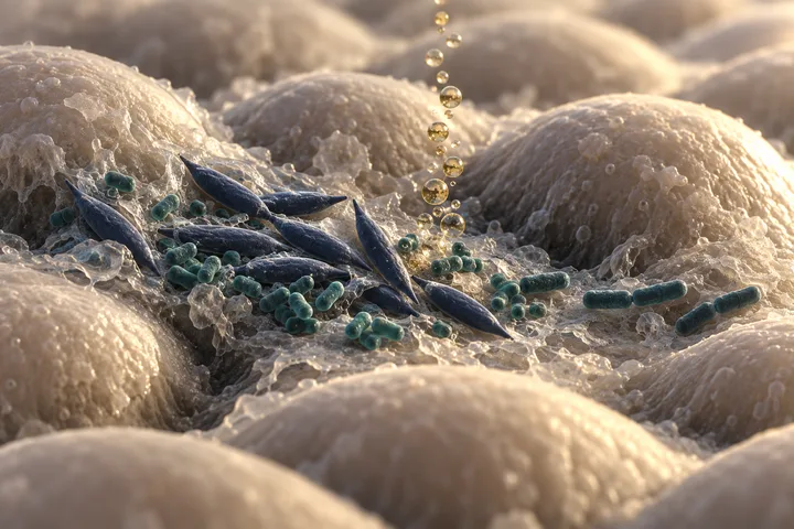 Illustration: spindle-shaped and stubby bacteria in the coating between rounded tongue papillae, tiny gold gas bubbles rising