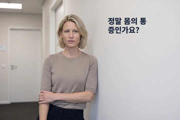 정말 몸의 통증인가요? — 한 여자가 사무실 복도에서 팔뚝을 배에 가로질러 누르며 멈춰 선다