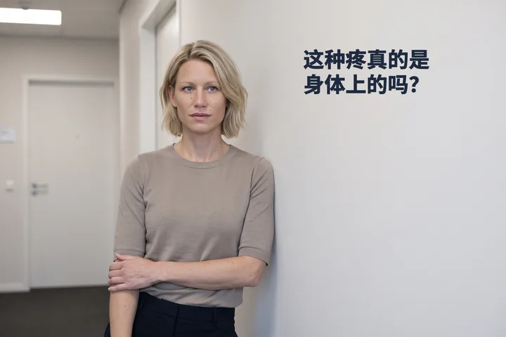 这种疼真的是身体上的吗？ — 一位女性在办公室走廊里停下来，一只前臂横压在腹部