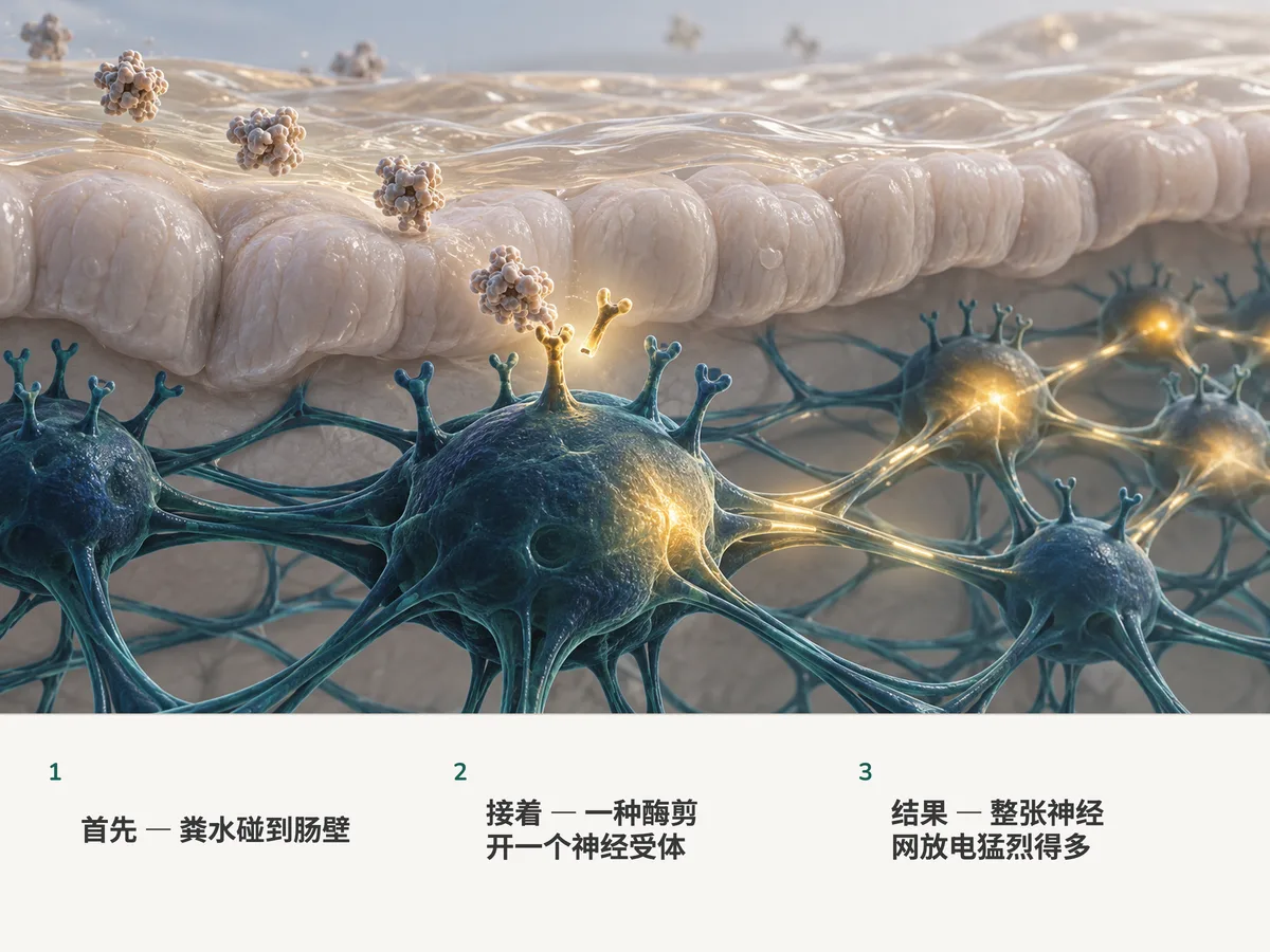 插画:一层薄薄的琥珀色液膜落在肠壁上;一种酶剪开一个神经细胞上的受体,它亮了起来,唤醒周围整张神经网的结点