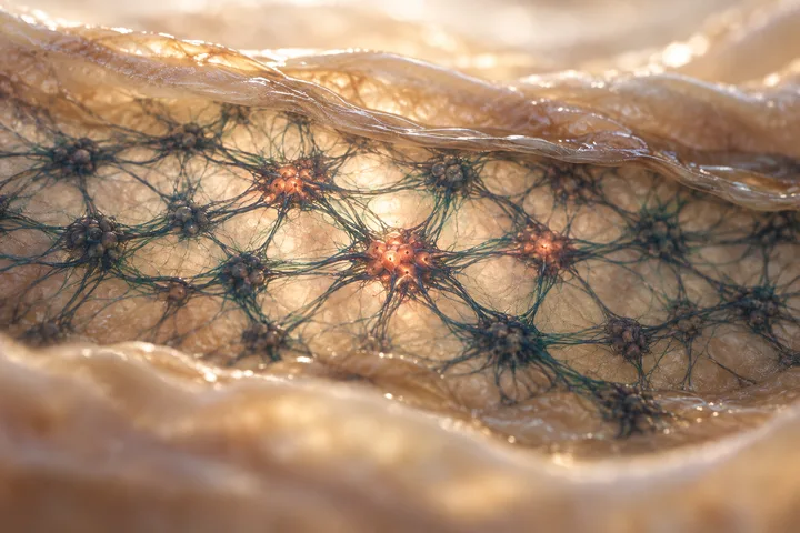 Illustration: a lace of nerve knots glowing through thin gut tissue, a clear amber film settling on it, a few knots lit coral