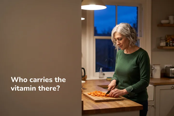 Who carries the vitamin there? — a woman slices carrots at her kitchen counter under an evening lamp